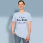 Heavenly Return Tee Devoted Prayer For Jesus Return Now Light Blue Colored Haloed Tee happy male customer wearing the tee shirt