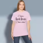 Heavenly Return Tee Devoted Prayer For Jesus Return Now Light Pink Colored Haloed Tee happy female customer wearing the tee shirt