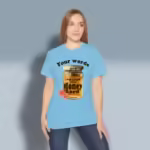 Honey Love Tee Beautiful Sweet Words of the Lord Sky Colored Haloed Tee Happy Female customer wearing the tee shirt