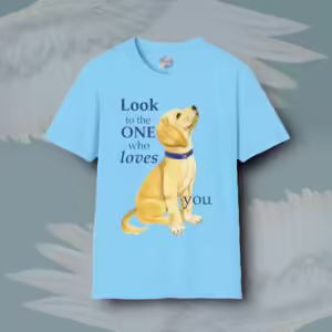 Instructive Pup Tee Look to the One Who Loves You Sky colored Haloed T-Shirt framed by Angels Fly Here