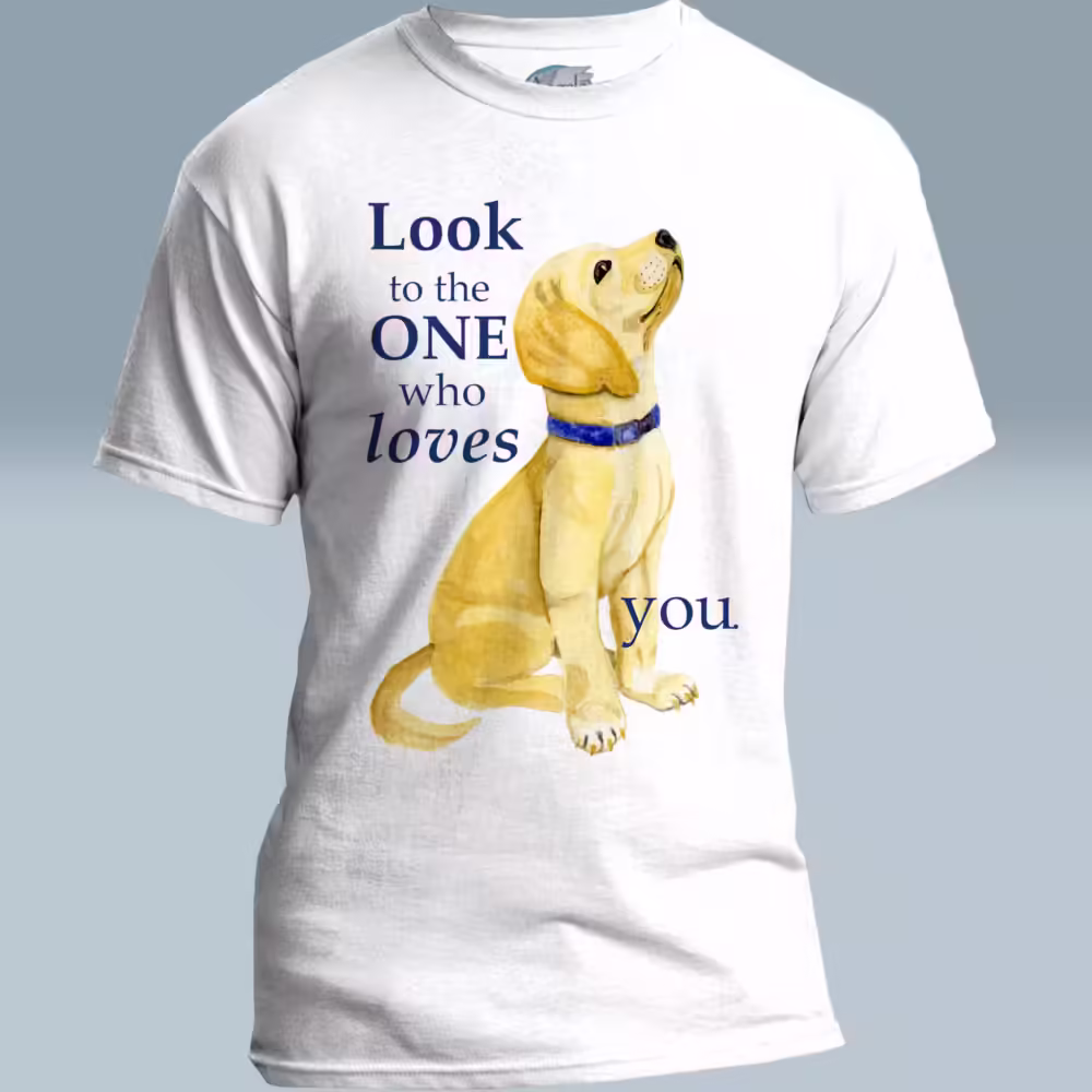 Instructive Pup Tee Look to the One Who Loves You White colored Haloed T-Shirt framed by Angels Fly Here