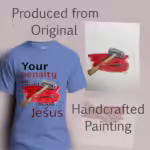 Jesus Paid with His Blood Beautiful Gift of Grace Iris colored Haloed Tee shown with the original watercolor painting