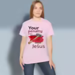 Jesus Paid with His Blood Beautiful Gift of Grace Light Pink colored Haloed Tee happy female customer wearing the tee shirt