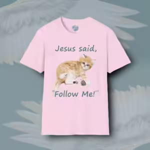 Kitten Tee Following The Lord Jesus in New Faith Light Pink Colored Haloed Tee Framed By Angels Fly Here