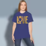 LOVE Story Tee The Vibrant Lord of Life and More Metro Blue Colored Haloed Tee happy female customer wearing the tee shirt