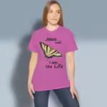 Life in Christ Tee Remarkably Beautiful Yellow Butterfly Heather Berry Colored Haloed Tee happy female customer wearing the tee shirt