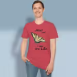 Life in Christ Tee Remarkably Beautiful Yellow Butterfly Heather Red Colored Haloed Tee happy male customer wearing the tee shirt