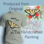 Life in Christ Tee Remarkably Beautiful Yellow Butterfly Sage Colored Haloed Tee shown with the original watercolor painting