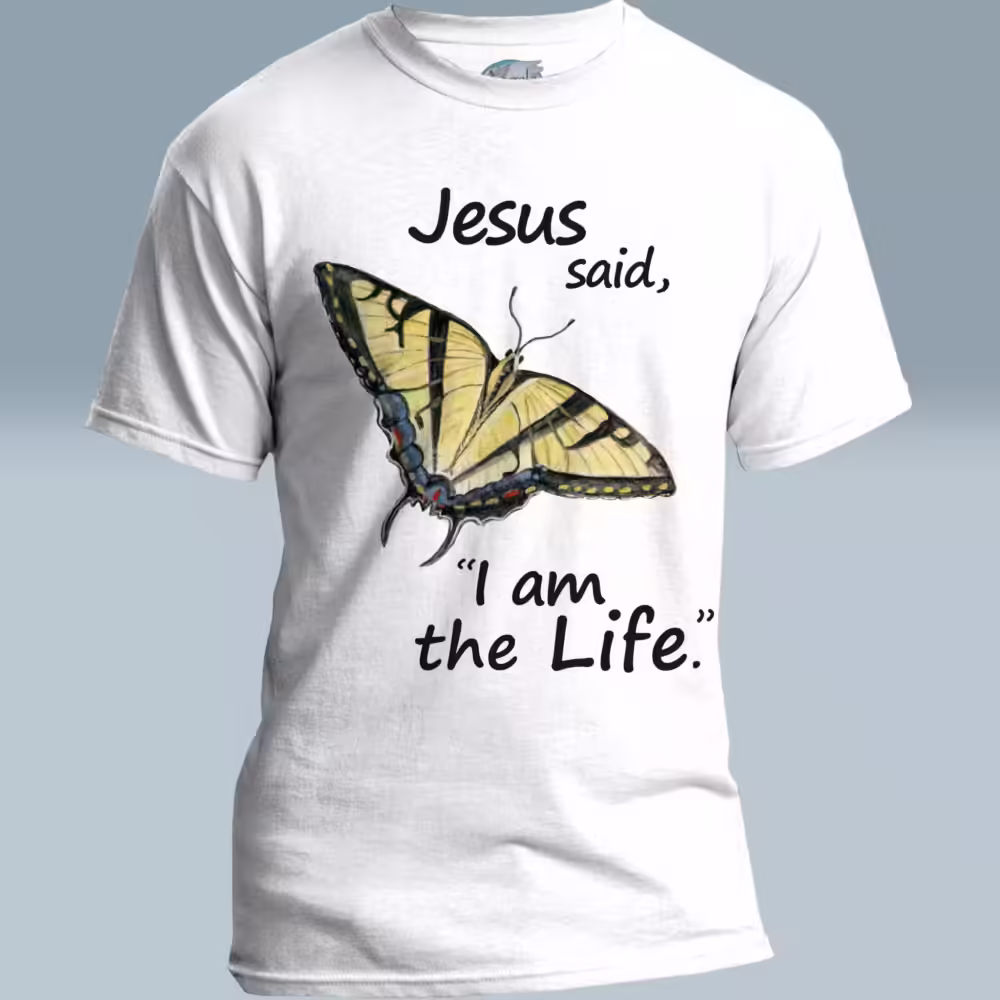 Life in Christ Tee Remarkably Beautiful Yellow Butterfly White Colored Haloed Tee