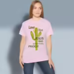 Love Like Jesus does even if it's prickly Light Pink Colored Haloed Tee happy female customer wearing the tee shirt
