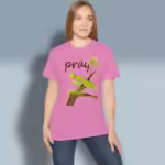 Mantis Tee Beautiful, Vibrant Praying Mantis with Scripture Azalea Colored Haloed Tee happy female customer wearing the tee shirt