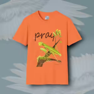 Mantis Tee Beautiful, Vibrant Praying Mantis with Scripture Heather Orange Colored Haloed Tee Framed By Angels Fly Here