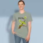 Mantis Tee Beautiful, Vibrant Praying Mantis with Scripture Sage Colored Haloed Tee happy male customer wearing the tee shirt