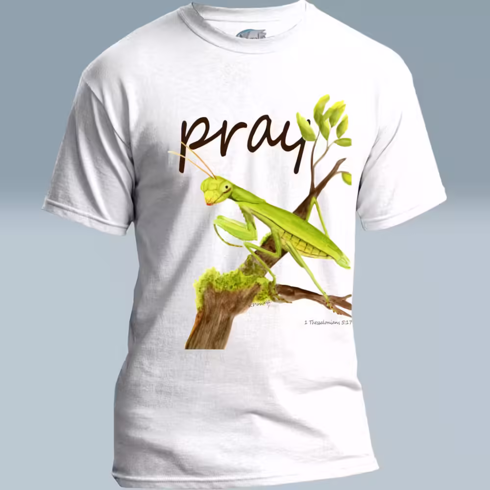 Mantis Tee Beautiful, Vibrant Praying Mantis with Scripture White Colored Haloed Tee