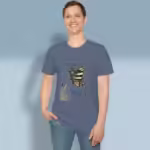 Nectar of Peace Tee New, Rich Butterfly Blessings Heather Indigo Colored Haloed Tee happy male customer wearing the tee shirt