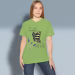 Nectar of Peace Tee New, Rich Butterfly Blessings Lime Colored Haloed Tee happy female customer wearing the tee shirt