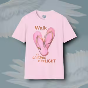 New Stride Tee - Walk as Children of the Light Light Pink Colored Haloed T-Shirt Framed By Angels Fly Here