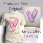New Stride Tee - Walk as Children of the Light Natural Colored Haloed T-Shirt shown with the original watercolor painting
