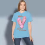 New Stride Tee - Walk as Children of the Light Sky Colored Haloed T-Shirt happy female customer wearing the tee shirt