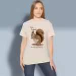 Nutty Blessings Tee The Beautiful Squirrel's Feast Natural Colored Haloed Tee happy female customer wearing the tee shirt