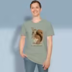 Nutty Blessings Tee The Beautiful Squirrel's Feast Sage Colored Haloed Tee happy male customer wearing the tee shirt