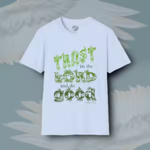 Planting Trust Tee Rich New Growth in Goodness Light Blue Colored Haloed Tee Text Art Framed By Angels Fly Here