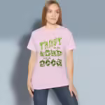 Planting Trust Tee Rich New Growth in Goodness Light Pink Colored Haloed Tee Text Art happy female customer wearing the Tee Shirt