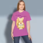 Purrfect Feline Tee Uplifting Love from the Heart Heather Berry Colored Haloed Tee happy female customer wearing the Tee Shirt