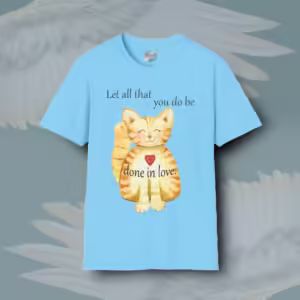 Purrfect Feline Tee Uplifting Love from the Heart Sky Colored Haloed Tee Framed By Angels Fly Here