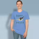 Pursue Peace Tee Beautiful Sea Turtle in Hypnotic Motion Carolina Blue Colored Haloed Tee happy male customer wearing the tee shirt