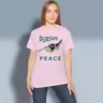 Pursue Peace Tee Beautiful Sea Turtle in Hypnotic Motion Light Pink Colored Haloed Tee happy female customer wearing the tee shirt