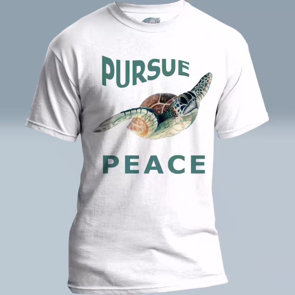 Pursue Peace Tee Beautiful Sea Turtle in Hypnotic Motion White Colored Haloed Tee