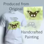 Restful Wings Tee Beautiful Butterflies Peace in the Lord Light Blue Colored Haloed Tee shown with the original watercolor painting