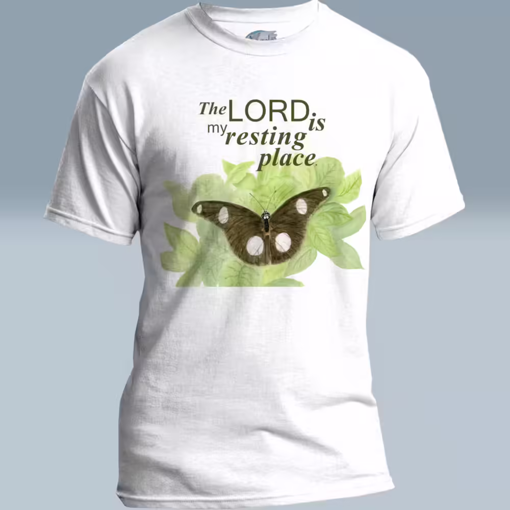 Restful Wings Tee Beautiful Butterflies Peace in the Lord White Colored Haloed Tee