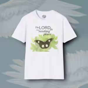 Restful Wings Tee Beautiful Butterflies Peace in the Lord White Colored Haloed Tee Framed By Angels Fly Here