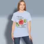 Rose of Grace Tee Beautiful, Stunning Rose and Scripture Art Light Blue Colored Haloed Tee happy female customer wearing the tee shirt