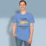 Scales of Salvation Tee Beautiful Rainbow Trout of Truth Carolina Blue Colored Haloed Tee happy male customer
