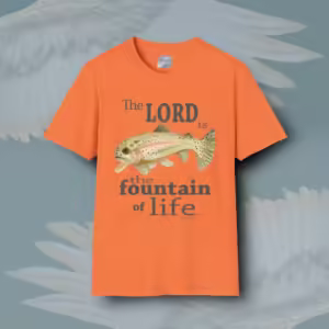 Scales of Salvation Tee Beautiful Rainbow Trout of Truth Heather Orange Colored Haloed Tee by Angels Fly Here