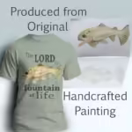 Scales of Salvation Tee Beautiful Rainbow Trout of Truth Sage Colored Haloed Tee shown with the original watercolor painting