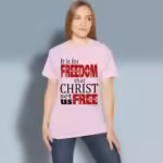 Set Free Tee Reclaim New Freedom through Christ Light Pink Colored Haloed Tee happy female customer wearing the tee shirt