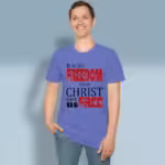 Set Free Tee Reclaim New Freedom through Christ Royal Heather Colored Haloed Tee happy male customer wearing the Tee Shirt