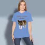 Shiny Thru Jesus - New Creation Thru Faith Pig Carolina Blue Colored Haloed Tee happy female customer wearing the tee shirt