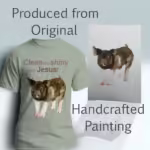 Shiny Thru Jesus - New Creation Thru Faith Pig Sage Colored Haloed Tee shown with the original watercolor painting