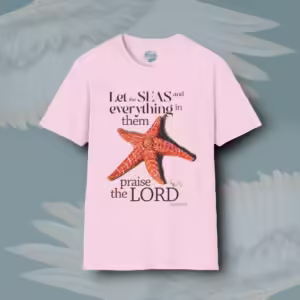 Starfish Praise Tee New Stunning Oceanic Design Light Pink Colored Haloed Tee Framed by Angels Fly Here