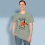 Starfish Praise Tee New Stunning Oceanic Design Sage Colored Haloed Tee happy male customer wearing the tee shirt