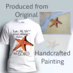 Starfish Praise Tee New Stunning Oceanic Design White Colored Haloed Tee shown with the original watercolor painting