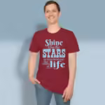 Starry Shine Tee Treasure the Wonderful Word of Life Antique Cherry Red Colored Haloed Tee Happy Male Customer Wearing the tee shirt
