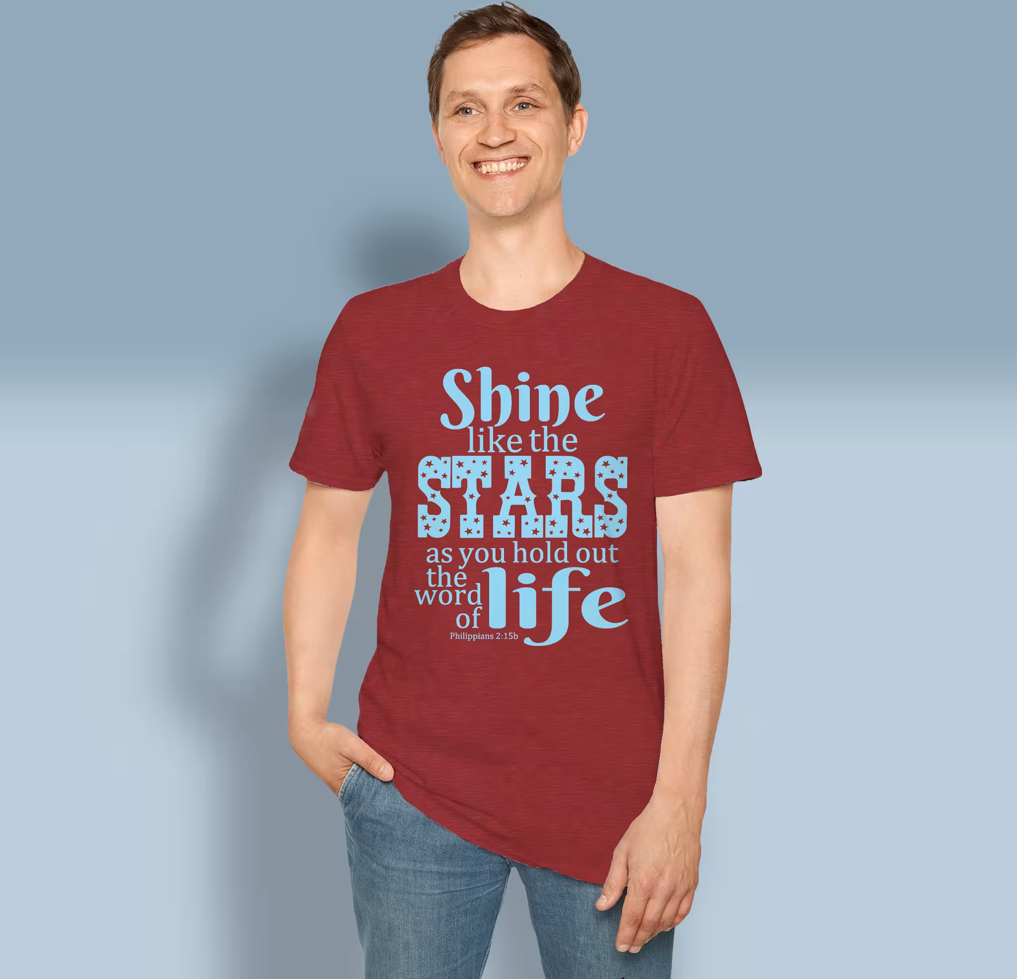 Starry Shine Tee Treasure the Wonderful Word of Life Antique Cherry Red Colored Haloed Tee Happy Male Customer Wearing the tee shirt
