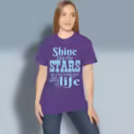 Starry Shine Tee Treasure the Wonderful Word of Life Dark Heather Purple Colored Haloed Tee Happy Female Customer Wearing the Tee Shirt