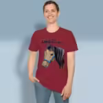 Strength in the Lord Tee Beautiful and Majestic Horse Antique Cherry Red Colored Haloed Tee happy male customer wearing the tee shirt